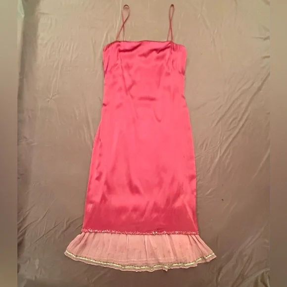 Vintage Y2K Pink Silk Midi Spaghetti Strap Dress with Ruffle Hem Size 4/Small - Picture 2 of 9